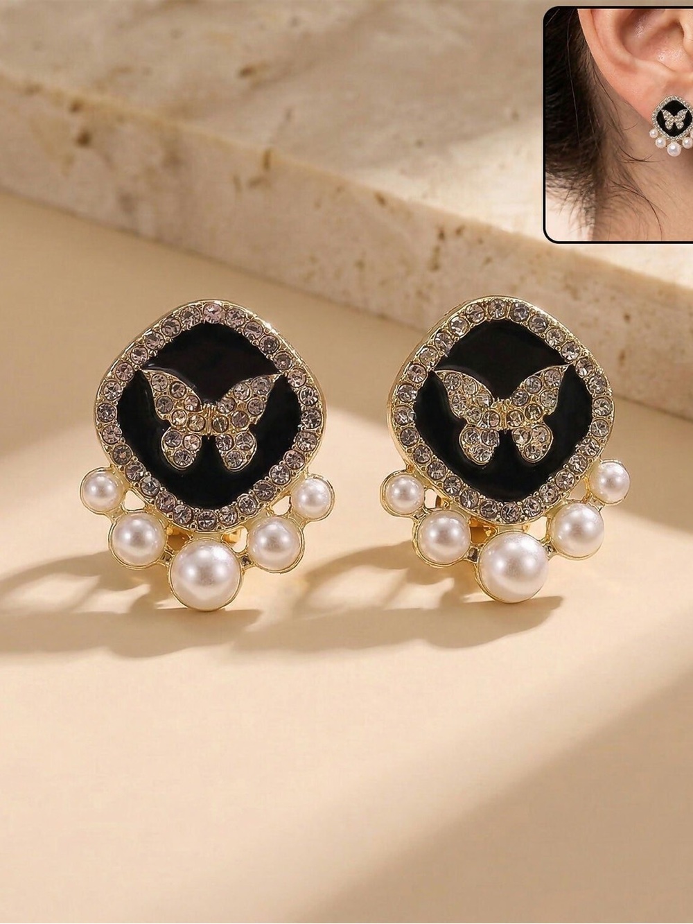 Pearl & Crystal Butterfly Stud Earrings - Black and Gold